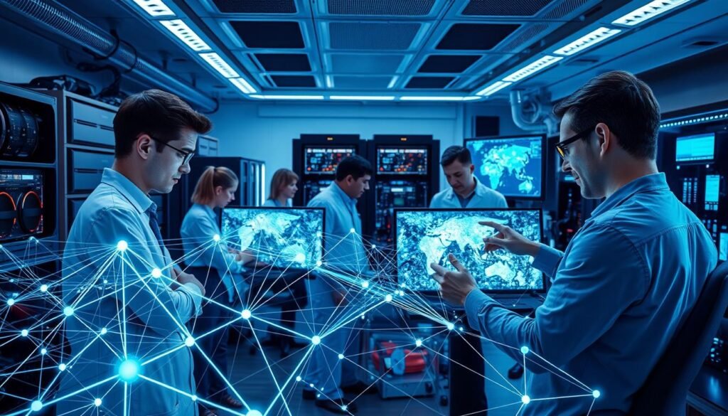 A sleek, high-tech laboratory setting with a focused, scientific atmosphere. In the foreground, a complex neural network diagram visualizing the generative AI training process, with interlocking layers, nodes, and data flows. In the middle ground, a team of researchers intently studying and manipulating the training model on multiple large displays, their expressions intense with concentration. The background features state-of-the-art computing hardware, server racks, and diagnostic equipment, all bathed in a cool, bluish lighting that creates a sense of technological sophistication. The overall mood is one of cutting-edge innovation, scientific rigor, and the thrill of discovery. A sleek, high-tech laboratory setting with a focused, scientific atmosphere. In the foreground, a complex neural network diagram visualizing the generative AI training process, with interlocking layers, nodes, and data flows. In the middle ground, a team of researchers intently studying and manipulating the training model on multiple large displays, their expressions intense with concentration. The background features state-of-the-art computing hardware, server racks, and diagnostic equipment, all bathed in a cool, bluish lighting that creates a sense of technological sophistication. The overall mood is one of cutting-edge innovation, scientific rigor, and the thrill of discovery.