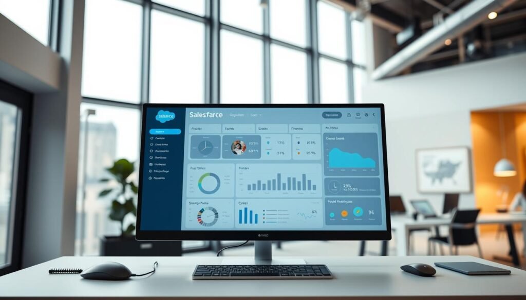 A sleek, minimalist Salesforce dashboard displayed on a large, high-resolution monitor. The dashboard showcases a clean, data-driven interface with intuitive visualizations, such as charts, graphs, and KPIs. The foreground features the main dashboard screen, with a smooth, matte finish and subtle lighting that highlights the crisp, legible text and icons. The middle ground includes a modern, ergonomic desk setup, with a keyboard, mouse, and other office accessories in a neutral color palette. The background depicts a modern, open-concept office space with large windows, allowing natural light to flood the scene and create a bright, airy atmosphere. The overall mood is professional, streamlined, and focused on productivity and data-driven decision-making. A sleek, minimalist Salesforce dashboard displayed on a large, high-resolution monitor. The dashboard showcases a clean, data-driven interface with intuitive visualizations, such as charts, graphs, and KPIs. The foreground features the main dashboard screen, with a smooth, matte finish and subtle lighting that highlights the crisp, legible text and icons. The middle ground includes a modern, ergonomic desk setup, with a keyboard, mouse, and other office accessories in a neutral color palette. The background depicts a modern, open-concept office space with large windows, allowing natural light to flood the scene and create a bright, airy atmosphere. The overall mood is professional, streamlined, and focused on productivity and data-driven decision-making.