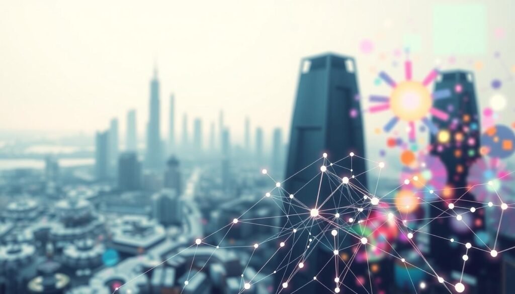 A sleek, minimalist illustration of generative AI concepts. In the foreground, a stylized neural network diagram composed of intricate geometric shapes and lines, pulsing with dynamic energy. In the middle ground, a futuristic cityscape with towering, abstract structures suggesting the interplay of algorithms and data. The background features a kaleidoscopic array of vibrant, abstract shapes and patterns, representing the complex and ever-evolving nature of generative AI. The lighting is soft and diffused, creating an ethereal, contemplative atmosphere. Captured through a wide-angle lens, the composition emphasizes the interconnectedness and grandeur of the generative AI landscape. A sleek, minimalist illustration of generative AI concepts. In the foreground, a stylized neural network diagram composed of intricate geometric shapes and lines, pulsing with dynamic energy. In the middle ground, a futuristic cityscape with towering, abstract structures suggesting the interplay of algorithms and data. The background features a kaleidoscopic array of vibrant, abstract shapes and patterns, representing the complex and ever-evolving nature of generative AI. The lighting is soft and diffused, creating an ethereal, contemplative atmosphere. Captured through a wide-angle lens, the composition emphasizes the interconnectedness and grandeur of the generative AI landscape.