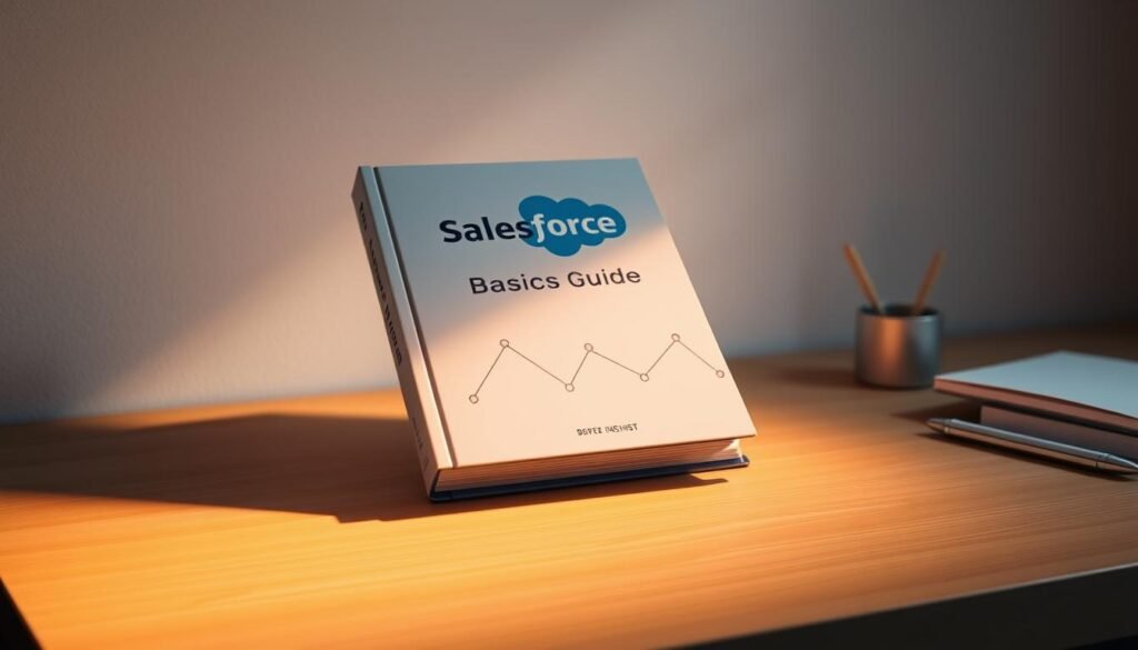 A sleek, modern book cover for a "Salesforce Basics Guide" resting on a minimalist desk, illuminated by warm, directional lighting. The book features a clean, uncluttered design with a bold, striking title and subtle, elegant graphics that capture the essence of the Salesforce platform. The desk surface is made of a smooth, light-colored wood, with a few simple office supplies nearby, creating a professional, yet approachable atmosphere. The overall composition conveys a sense of clarity, simplicity, and the valuable insights the guide provides for mastering the Salesforce ecosystem. A sleek, modern book cover for a "Salesforce Basics Guide" resting on a minimalist desk, illuminated by warm, directional lighting. The book features a clean, uncluttered design with a bold, striking title and subtle, elegant graphics that capture the essence of the Salesforce platform. The desk surface is made of a smooth, light-colored wood, with a few simple office supplies nearby, creating a professional, yet approachable atmosphere. The overall composition conveys a sense of clarity, simplicity, and the valuable insights the guide provides for mastering the Salesforce ecosystem.