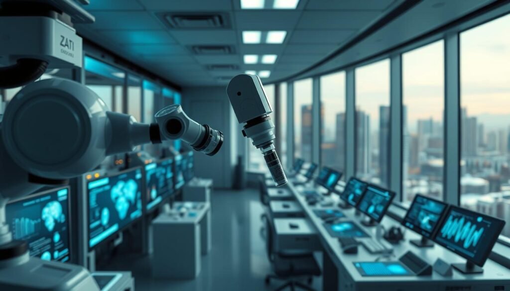 A sleek, modern medical laboratory filled with cutting-edge AI-powered equipment. In the foreground, a robotic arm meticulously analyzing a sample under the soft glow of overhead lights. In the middle ground, rows of touchscreen displays showcasing real-time data visualizations and insights generated by advanced algorithms. The background features a panoramic window overlooking a bustling city skyline, symbolizing the integration of AI technology into the fabric of modern healthcare. The overall atmosphere is one of precision, innovation, and the promise of a future where AI revolutionizes the way we approach medical diagnostics and treatment.