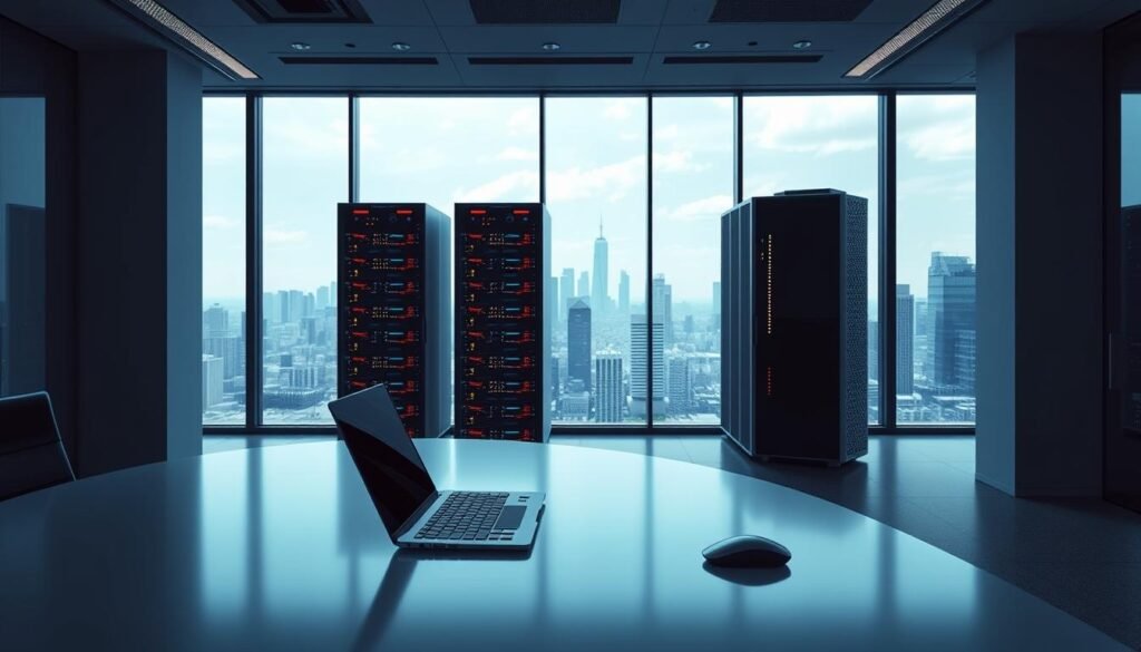 A sleek, modern office interior with a large, curved desk in the foreground featuring a laptop, keyboard, and mouse. In the middle ground, a towering data center rack filled with blinking lights and cables. In the background, a panoramic window overlooking a bustling cityscape. The lighting is a cool, bluish-white, casting long shadows and highlighting the intricate details of the technology. The overall atmosphere is one of focused productivity and technological sophistication, perfectly capturing the essence of setting up an Amazon Redshift environment. A sleek, modern office interior with a large, curved desk in the foreground featuring a laptop, keyboard, and mouse. In the middle ground, a towering data center rack filled with blinking lights and cables. In the background, a panoramic window overlooking a bustling cityscape. The lighting is a cool, bluish-white, casting long shadows and highlighting the intricate details of the technology. The overall atmosphere is one of focused productivity and technological sophistication, perfectly capturing the essence of setting up an Amazon Redshift environment.