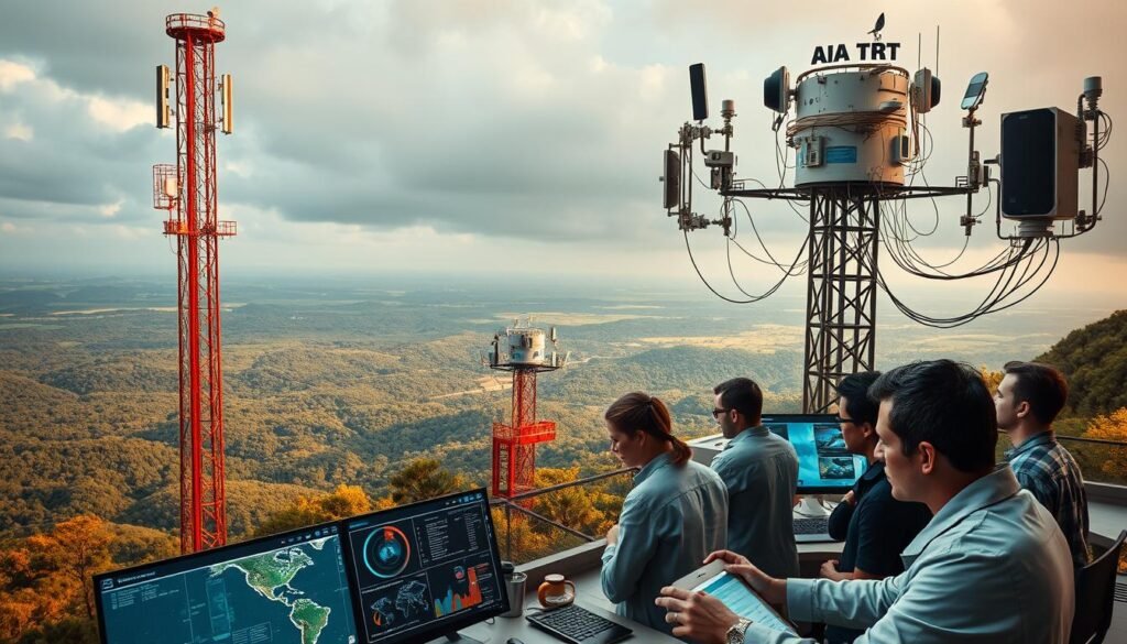 A sprawling AI climate monitoring network, with a towering observation tower and an array of high-tech sensors capturing data on temperature, precipitation, and atmospheric composition. In the foreground, a team of scientists intently studying real-time dashboards and satellite imagery, their expressions focused as they work to unravel the complexities of our changing climate. The background is a panoramic vista of lush, verdant landscapes, hinting at the delicate balance that these systems aim to safeguard. Warm, diffused lighting casts a sense of urgency and purpose over the scene, as the AI-powered climate monitoring systems stand vigilant, ready to provide the critical insights needed to address the environmental challenges of our time. A sprawling AI climate monitoring network, with a towering observation tower and an array of high-tech sensors capturing data on temperature, precipitation, and atmospheric composition. In the foreground, a team of scientists intently studying real-time dashboards and satellite imagery, their expressions focused as they work to unravel the complexities of our changing climate. The background is a panoramic vista of lush, verdant landscapes, hinting at the delicate balance that these systems aim to safeguard. Warm, diffused lighting casts a sense of urgency and purpose over the scene, as the AI-powered climate monitoring systems stand vigilant, ready to provide the critical insights needed to address the environmental challenges of our time.