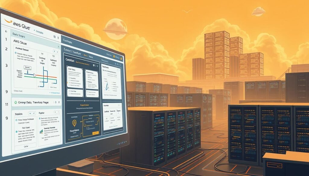 A sprawling data processing landscape, featuring an AWS Glue ETL (Extract, Transform, Load) workflow. In the foreground, a sleek, futuristic-looking AWS Glue console displays various transformation steps, with data flows and operations intuitively visualized. In the middle ground, a cluster of server racks hums with activity, representing the underlying computing infrastructure powering the ETL process. The background is dominated by a towering, cloud-like data warehouse, symbolizing the ultimate destination of the transformed data. Warm, muted lighting casts a sense of professionalism and efficiency, while the overall composition conveys the power and flexibility of the Glue ETL system. A sprawling data processing landscape, featuring an AWS Glue ETL (Extract, Transform, Load) workflow. In the foreground, a sleek, futuristic-looking AWS Glue console displays various transformation steps, with data flows and operations intuitively visualized. In the middle ground, a cluster of server racks hums with activity, representing the underlying computing infrastructure powering the ETL process. The background is dominated by a towering, cloud-like data warehouse, symbolizing the ultimate destination of the transformed data. Warm, muted lighting casts a sense of professionalism and efficiency, while the overall composition conveys the power and flexibility of the Glue ETL system.
