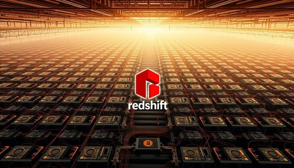 A sprawling data processing landscape with a vast array of interconnected components. In the foreground, the iconic Amazon Redshift logo stands as the centerpiece, its bold colors and sleek design commanding attention. Surrounding it, a grid of parallel processing nodes, each one a powerful computing engine, working in harmony to crunch data at lightning speed. In the middle ground, a network of high-bandwidth connections, facilitating the seamless flow of information between the nodes, creating a true massively parallel processing (MPP) architecture. In the background, a complex web of storage solutions, ranging from solid-state drives to traditional hard disks, all working together to provide the necessary data capacity and resilience. The scene is illuminated by a warm, natural lighting, casting subtle shadows and highlighting the intricate details of the hardware and software elements. The overall atmosphere exudes a sense of efficiency, scalability, and technological prowess, reflecting the core A sprawling data processing landscape with a vast array of interconnected components. In the foreground, the iconic Amazon Redshift logo stands as the centerpiece, its bold colors and sleek design commanding attention. Surrounding it, a grid of parallel processing nodes, each one a powerful computing engine, working in harmony to crunch data at lightning speed. In the middle ground, a network of high-bandwidth connections, facilitating the seamless flow of information between the nodes, creating a true massively parallel processing (MPP) architecture. In the background, a complex web of storage solutions, ranging from solid-state drives to traditional hard disks, all working together to provide the necessary data capacity and resilience. The scene is illuminated by a warm, natural lighting, casting subtle shadows and highlighting the intricate details of the hardware and software elements. The overall atmosphere exudes a sense of efficiency, scalability, and technological prowess, reflecting the core