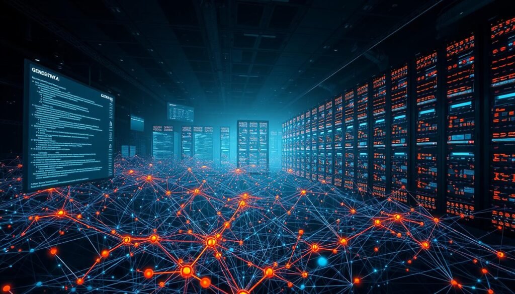 A sprawling, technologically-advanced landscape showcasing the inner workings of generative AI. In the foreground, a complex neural network visualized as a tangle of luminous nodes and connections, pulsing with energy. In the middle ground, transparent screens display lines of code, algorithms, and data visualizations, hinting at the computational complexity behind these systems. The background is dominated by towering server racks, glowing with the heat of processing power, set against a moody, atmospheric backdrop of deep shadows and subtle highlights, evoking the scale and power of these transformative technologies. The overall scene conveys a sense of technical sophistication, innovation, and the awe-inspiring potential of generative AI. A sprawling, technologically-advanced landscape showcasing the inner workings of generative AI. In the foreground, a complex neural network visualized as a tangle of luminous nodes and connections, pulsing with energy. In the middle ground, transparent screens display lines of code, algorithms, and data visualizations, hinting at the computational complexity behind these systems. The background is dominated by towering server racks, glowing with the heat of processing power, set against a moody, atmospheric backdrop of deep shadows and subtle highlights, evoking the scale and power of these transformative technologies. The overall scene conveys a sense of technical sophistication, innovation, and the awe-inspiring potential of generative AI.