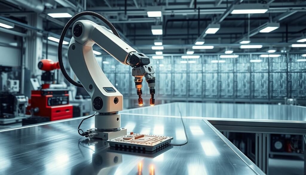 A state-of-the-art robotic arm gracefully assembles a delicate electronic component on a gleaming stainless steel workbench, illuminated by precise task lighting. In the background, a grid of high-resolution machine vision cameras track the arm's movements with microscopic precision, while a complex array of sensors and actuators ensure seamless coordination and control. The scene exudes an air of clinical efficiency, with a cool, neutral color palette and clean, minimalist design that evokes the cutting edge of modern manufacturing technology.