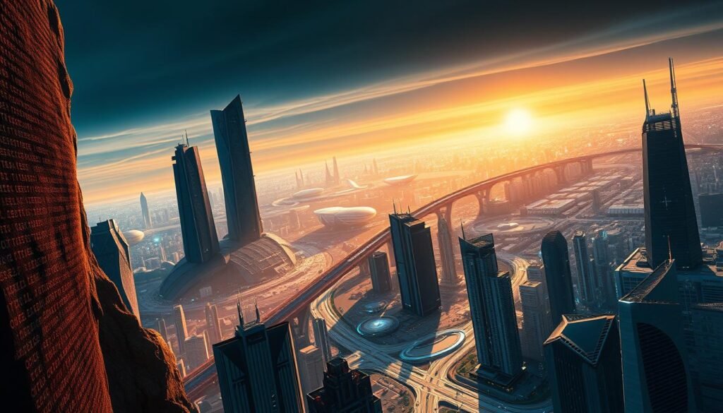 A striking, technologically-advanced landscape depicting the trajectory of AI development over the next decade. In the foreground, towering monoliths of code and data represent the exponential growth of AI capabilities, casting long shadows across a sleek, futuristic cityscape. In the middle ground, various AI-powered systems and applications seamlessly integrate into the urban environment, showcasing the integration of AI into everyday life. The background features a vast, infinite horizon filled with emerging technologies and scientific breakthroughs, hinting at the rapid pace of AI innovation. Dramatic lighting, with warm hues and sharp contrasts, conveys a sense of dynamic progression and the transformative power of AI. The overall composition evokes a sense of awe, wonder, and anticipation for the transformative potential of AI in the years to come.