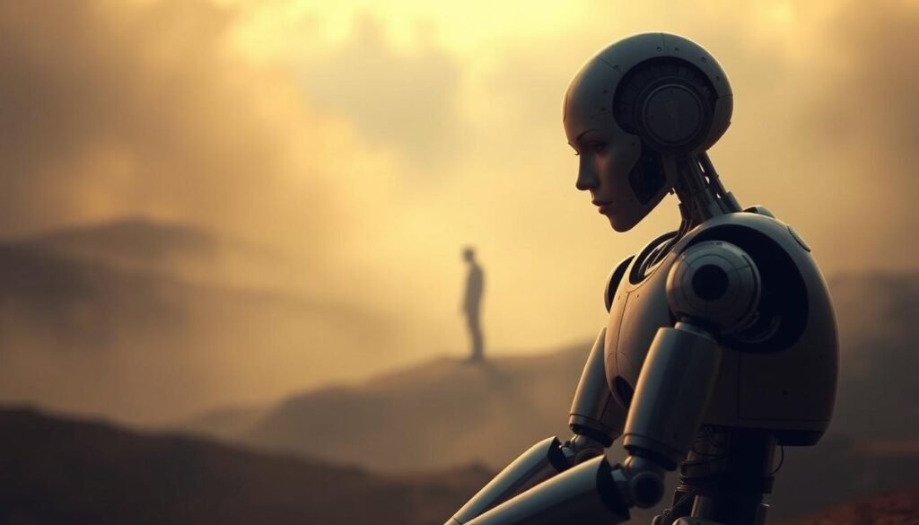 A surreal and pensive scene depicting the limitations of emotional intelligence in artificial intelligence. In the foreground, a lifelike android figure sits alone, its synthetic face etched with a subtle expression of contemplation. Surrounding it, a hazy, dreamlike landscape unfolds, hinting at the complexities of machine consciousness. The android is bathed in a warm, golden light, creating a sense of melancholy and introspection. In the middle ground, a faint silhouette of a human figure stands, a reminder of the gap between human and machine emotions. The background is shrouded in a soft, atmospheric mist, suggesting the vast unknowns and uncharted territories of emotional AI development. The overall composition conveys a sense of the android's struggle to understand and emulate the depth and nuance of human emotional experience.
