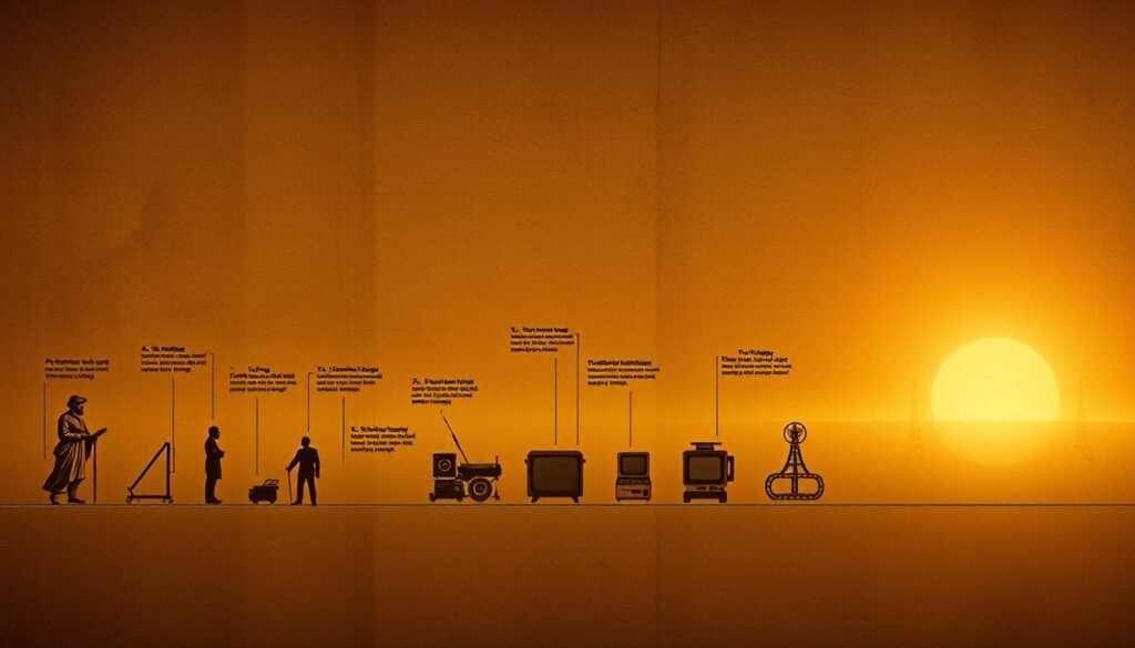 A sweeping historical timeline depicting the early origins and foundations of machine intelligence, set against a richly textured backdrop. In the foreground, a series of iconic figures and milestones - from Aristotle's treatises on logic to Babbage's conceptual Analytical Engine, Turing's groundbreaking paper on computability, and the birth of the first modern computers. The middle ground features a tapestry of scientific breakthroughs, mathematical proofs, and pioneering experiments that laid the groundwork for artificial intelligence. In the distant background, a warm, diffused glow illuminates the evolving technological landscape, hinting at the vast potential that was yet to be unlocked. Rendered in a vintage, sepia-toned palette to evoke a sense of timeless discovery. A sweeping historical timeline depicting the early origins and foundations of machine intelligence, set against a richly textured backdrop. In the foreground, a series of iconic figures and milestones - from Aristotle's treatises on logic to Babbage's conceptual Analytical Engine, Turing's groundbreaking paper on computability, and the birth of the first modern computers. The middle ground features a tapestry of scientific breakthroughs, mathematical proofs, and pioneering experiments that laid the groundwork for artificial intelligence. In the distant background, a warm, diffused glow illuminates the evolving technological landscape, hinting at the vast potential that was yet to be unlocked. Rendered in a vintage, sepia-toned palette to evoke a sense of timeless discovery.