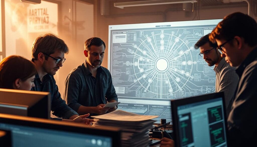 A team of engineers and researchers gathered around a large, complex diagram of an AI system, brows furrowed in deep concentration. The foreground is illuminated by the glow of computer screens, casting a warm, technical light over the scene. In the middle ground, stacks of data printouts and scattered notes hint at the challenges of integrating disparate components. The background is a hazy, distorted representation of the real world, suggesting the difficulties of applying theoretical AI models to practical, messy environments. The mood is one of focused intensity, as the team grapples with the daunting task of making AI work in the real world. A team of engineers and researchers gathered around a large, complex diagram of an AI system, brows furrowed in deep concentration. The foreground is illuminated by the glow of computer screens, casting a warm, technical light over the scene. In the middle ground, stacks of data printouts and scattered notes hint at the challenges of integrating disparate components. The background is a hazy, distorted representation of the real world, suggesting the difficulties of applying theoretical AI models to practical, messy environments. The mood is one of focused intensity, as the team grapples with the daunting task of making AI work in the real world.
