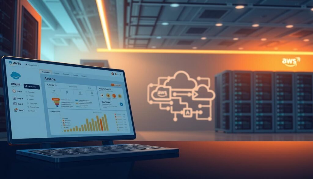A technical yet visually engaging illustration of the AWS Athena service. In the foreground, a stylized representation of the Athena console interface, with clean lines, muted colors, and intuitive data visualization elements. In the middle ground, a abstract data flow diagram depicting Athena's integration with data sources like Amazon S3 and other AWS services. In the background, a subtle backdrop of cloud computing infrastructure, with server racks, data centers, and a soft glow of AWS branding. The scene is illuminated by a warm, directional light source, casting shadows and highlights to create depth and atmosphere. The overall mood is one of professionalism, efficiency, and the power of cloud-based data analysis. A technical yet visually engaging illustration of the AWS Athena service. In the foreground, a stylized representation of the Athena console interface, with clean lines, muted colors, and intuitive data visualization elements. In the middle ground, a abstract data flow diagram depicting Athena's integration with data sources like Amazon S3 and other AWS services. In the background, a subtle backdrop of cloud computing infrastructure, with server racks, data centers, and a soft glow of AWS branding. The scene is illuminated by a warm, directional light source, casting shadows and highlights to create depth and atmosphere. The overall mood is one of professionalism, efficiency, and the power of cloud-based data analysis.