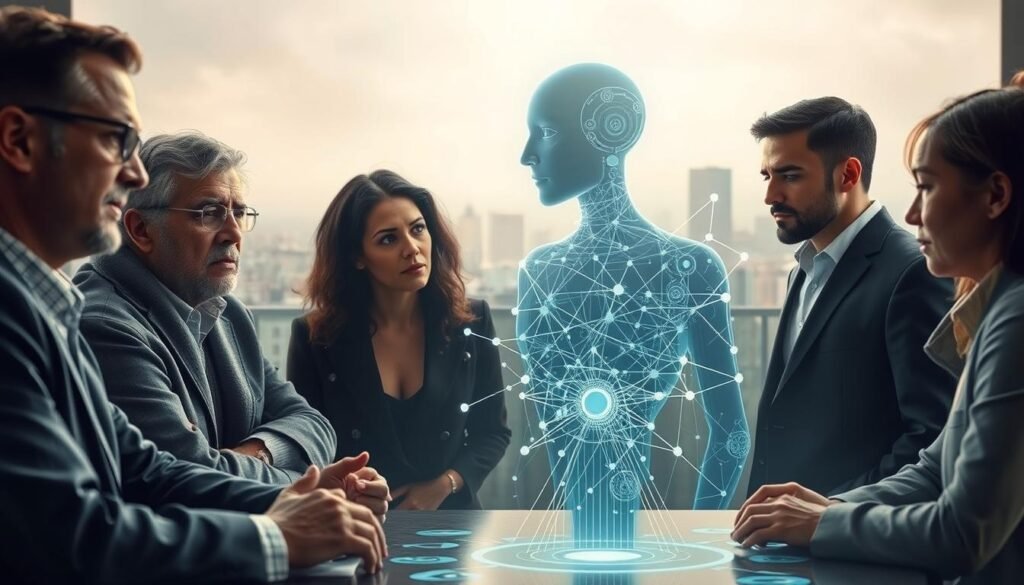 A thought-provoking scene depicting the ethical dilemmas surrounding AI evolution. In the foreground, a group of diverse individuals - ethicists, policymakers, and AI researchers - engage in a tense, yet thoughtful discussion, their expressions conveying the gravity of the situation. The middle ground features a holographic projection of an advanced AI system, its algorithms and decision-making processes visualized as a complex, interconnected web. In the background, a cityscape shrouded in a hazy, uncertain glow, symbolizing the potential impact of AI on society. Soft, diffused lighting creates an atmosphere of contemplation, inviting the viewer to ponder the delicate balance between technological progress and ethical considerations. A thought-provoking scene depicting the ethical dilemmas surrounding AI evolution. In the foreground, a group of diverse individuals - ethicists, policymakers, and AI researchers - engage in a tense, yet thoughtful discussion, their expressions conveying the gravity of the situation. The middle ground features a holographic projection of an advanced AI system, its algorithms and decision-making processes visualized as a complex, interconnected web. In the background, a cityscape shrouded in a hazy, uncertain glow, symbolizing the potential impact of AI on society. Soft, diffused lighting creates an atmosphere of contemplation, inviting the viewer to ponder the delicate balance between technological progress and ethical considerations.