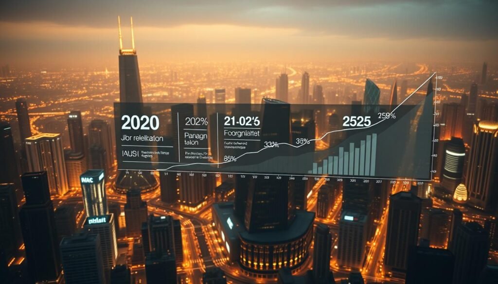A vast, futuristic cityscape stretches out, its gleaming skyscrapers and bustling streets illuminated by a warm, golden light. In the foreground, a series of holographic data visualizations hover, depicting the relentless rise of AI-driven job displacement over the decades, from 2020 to 2525. Sleek, minimalist infographics present stark statistics and projections, conveying the scale and impact of this technological revolution on the workforce. The atmosphere is one of both awe and unease, as the viewer is confronted with the profound societal changes wrought by the unstoppable march of artificial intelligence. A vast, futuristic cityscape stretches out, its gleaming skyscrapers and bustling streets illuminated by a warm, golden light. In the foreground, a series of holographic data visualizations hover, depicting the relentless rise of AI-driven job displacement over the decades, from 2020 to 2525. Sleek, minimalist infographics present stark statistics and projections, conveying the scale and impact of this technological revolution on the workforce. The atmosphere is one of both awe and unease, as the viewer is confronted with the profound societal changes wrought by the unstoppable march of artificial intelligence.