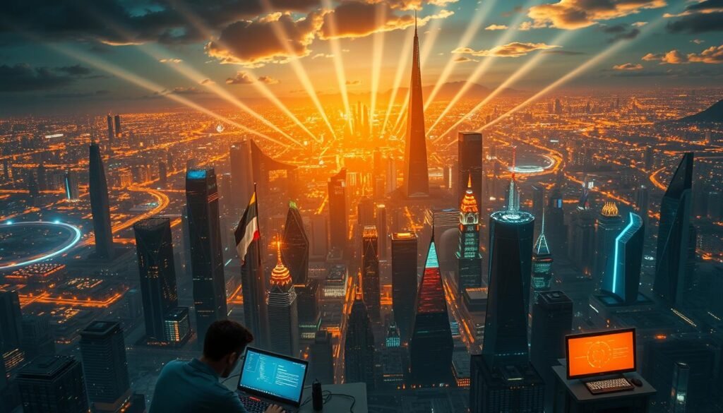 A vast, global landscape dotted with towering metropolises, bustling hubs of technological innovation. In the foreground, brilliant minds collaborate, their screens alight with complex algorithms and cutting-edge breakthroughs. The middle ground is a tapestry of nations, each vying to lead the charge in artificial intelligence development, their flags unfurled against a sky alive with the promise of tomorrow. In the background, looming monoliths of research facilities and cutting-edge laboratories, their sleek, angular forms a testament to the relentless pursuit of progress. Beams of light, both natural and artificial, converge to illuminate this dynamic, high-stakes race, where the future of technology and global dominance hang in the balance. A vast, global landscape dotted with towering metropolises, bustling hubs of technological innovation. In the foreground, brilliant minds collaborate, their screens alight with complex algorithms and cutting-edge breakthroughs. The middle ground is a tapestry of nations, each vying to lead the charge in artificial intelligence development, their flags unfurled against a sky alive with the promise of tomorrow. In the background, looming monoliths of research facilities and cutting-edge laboratories, their sleek, angular forms a testament to the relentless pursuit of progress. Beams of light, both natural and artificial, converge to illuminate this dynamic, high-stakes race, where the future of technology and global dominance hang in the balance.