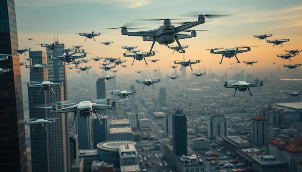 A vast network of autonomous drones soaring through the sky, carrying packages to their destinations. In the foreground, a swarm of sleek, futuristic drones equipped with advanced sensors and navigation systems, their propellers whirring as they gracefully navigate between towering skyscrapers. In the middle ground, a bustling cityscape with transportation hubs and distribution centers, where the drones seamlessly integrate with other autonomous vehicles. The background is a panoramic view of the city, bathed in warm, diffused lighting, conveying a sense of technological progress and efficiency. The scene exudes a palpable energy, reflecting the transformative impact of autonomous systems on the future of transportation. A vast network of autonomous drones soaring through the sky, carrying packages to their destinations. In the foreground, a swarm of sleek, futuristic drones equipped with advanced sensors and navigation systems, their propellers whirring as they gracefully navigate between towering skyscrapers. In the middle ground, a bustling cityscape with transportation hubs and distribution centers, where the drones seamlessly integrate with other autonomous vehicles. The background is a panoramic view of the city, bathed in warm, diffused lighting, conveying a sense of technological progress and efficiency. The scene exudes a palpable energy, reflecting the transformative impact of autonomous systems on the future of transportation.
