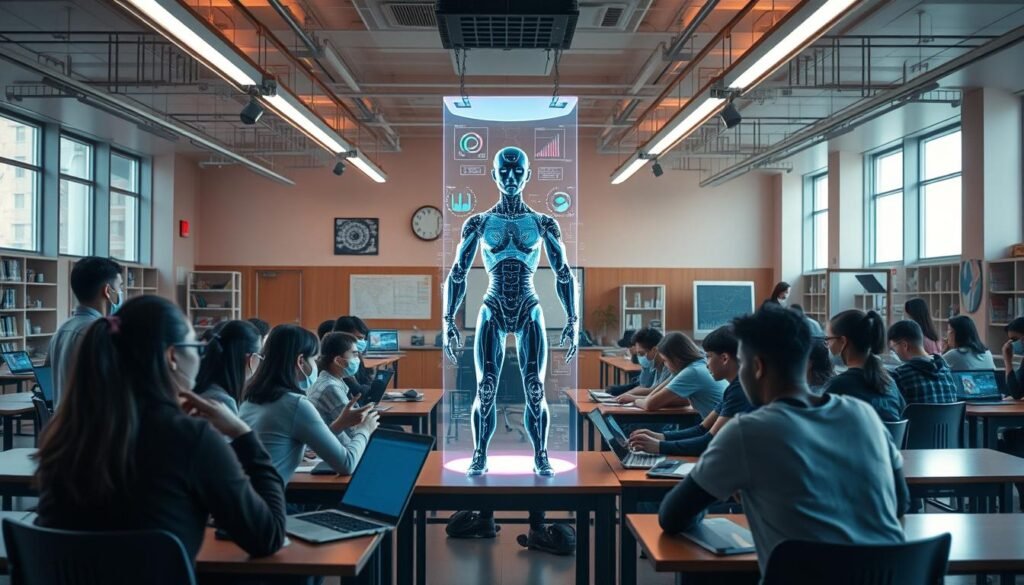 A vast, open classroom setting with a prominent AI assistant at the center, surrounded by students of diverse backgrounds engaged in interactive, personalized learning experiences. The assistant stands tall, its holographic display showcasing dynamic visualizations and data analytics, guiding the students through competency-based modules tailored to their individual needs. The room is bathed in a warm, inviting glow, with large windows allowing natural light to pour in, creating a sense of openness and collaboration. In the background, a network of interconnected devices and software systems hum with activity, seamlessly tracking progress and adapting the curriculum in real-time. The overall atmosphere conveys a future where AI and human-centered education coexist harmoniously, empowering students to unlock their full potential.