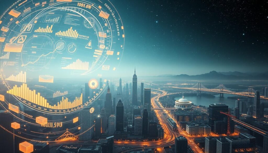 A vast, three-dimensional data visualization depicting the economic ripple effects of AI automation. In the foreground, a swirling array of floating holographic charts, graphs, and financial indicators, illuminated by a warm, soft light. In the middle ground, a panoramic cityscape with towering skyscrapers and bustling streets, shrouded in a hazy, futuristic atmosphere. In the background, a horizon of rolling hills and a starry night sky, suggesting the global scale of the economic transformation. The overall mood is one of awe, complexity, and a sense of the profound impact of AI on the world economy by the year 2525. A vast, three-dimensional data visualization depicting the economic ripple effects of AI automation. In the foreground, a swirling array of floating holographic charts, graphs, and financial indicators, illuminated by a warm, soft light. In the middle ground, a panoramic cityscape with towering skyscrapers and bustling streets, shrouded in a hazy, futuristic atmosphere. In the background, a horizon of rolling hills and a starry night sky, suggesting the global scale of the economic transformation. The overall mood is one of awe, complexity, and a sense of the profound impact of AI on the world economy by the year 2525.