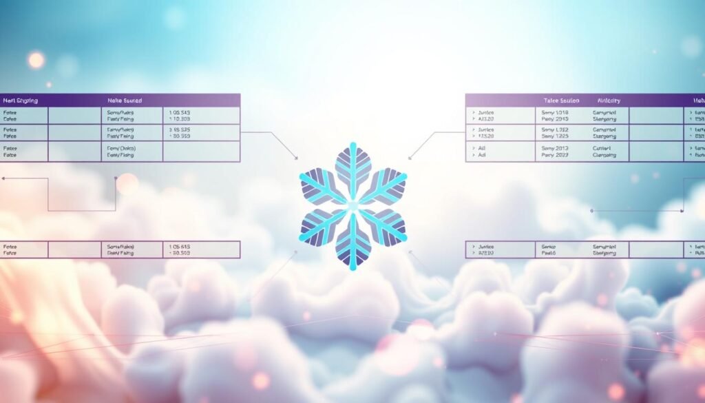 A vibrant data visualization depicting SQL joins in Snowflake's cloud data warehouse. In the foreground, a series of interconnected tables representing various data sources, with distinct colors and shapes to denote different join types. The middle ground showcases a striking Snowflake logo, its crystalline structure symbolizing the platform's data processing capabilities. In the background, a gradient of soft blues and whites evokes the serene, cloud-like environment of Snowflake's serverless architecture. Lighting is warm and diffused, creating a sense of depth and emphasis on the central data integration concept. The overall composition is sleek, modern, and visually captivating, perfectly suited to illustrate the "Basic SQL Querying in Snowflake" section of the tutorial. A vibrant data visualization depicting SQL joins in Snowflake's cloud data warehouse. In the foreground, a series of interconnected tables representing various data sources, with distinct colors and shapes to denote different join types. The middle ground showcases a striking Snowflake logo, its crystalline structure symbolizing the platform's data processing capabilities. In the background, a gradient of soft blues and whites evokes the serene, cloud-like environment of Snowflake's serverless architecture. Lighting is warm and diffused, creating a sense of depth and emphasis on the central data integration concept. The overall composition is sleek, modern, and visually captivating, perfectly suited to illustrate the "Basic SQL Querying in Snowflake" section of the tutorial.