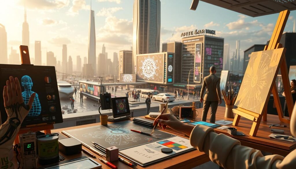 A vibrant, futuristic scene of AI-powered creativity. In the foreground, an artist's studio filled with intelligent digital tools and interfaces - brushes, palettes, and canvases that respond to the movements of nimble, gesture-controlled hands. In the middle ground, innovative design software generates complex 3D models and intricate patterns, guided by human imagination. The background reveals a bustling cityscape, where skyscrapers and public spaces showcase immersive AR experiences and digital art installations powered by advanced AI systems. The scene is bathed in a warm, ambient glow, conveying a sense of boundless creative potential and technological harmony. A vibrant, futuristic scene of AI-powered creativity. In the foreground, an artist's studio filled with intelligent digital tools and interfaces - brushes, palettes, and canvases that respond to the movements of nimble, gesture-controlled hands. In the middle ground, innovative design software generates complex 3D models and intricate patterns, guided by human imagination. The background reveals a bustling cityscape, where skyscrapers and public spaces showcase immersive AR experiences and digital art installations powered by advanced AI systems. The scene is bathed in a warm, ambient glow, conveying a sense of boundless creative potential and technological harmony.