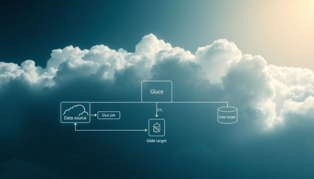 A visually striking illustration of an AWS Glue ETL job workflow. In the foreground, a clear and detailed schematic diagram depicting the various components of the Glue ETL process, such as the data source, the Glue job, and the data target. The diagram is rendered in a clean, technical style with a focus on informative clarity. In the middle ground, a serene backdrop of cloud-like forms in shades of blue and white, suggestive of the AWS cloud environment. Soft, directional lighting illuminates the scene, casting gentle shadows and creating a sense of depth and dimensionality. The overall mood is one of efficiency, professionalism, and the power of data engineering in the cloud. A visually striking illustration of an AWS Glue ETL job workflow. In the foreground, a clear and detailed schematic diagram depicting the various components of the Glue ETL process, such as the data source, the Glue job, and the data target. The diagram is rendered in a clean, technical style with a focus on informative clarity. In the middle ground, a serene backdrop of cloud-like forms in shades of blue and white, suggestive of the AWS cloud environment. Soft, directional lighting illuminates the scene, casting gentle shadows and creating a sense of depth and dimensionality. The overall mood is one of efficiency, professionalism, and the power of data engineering in the cloud.