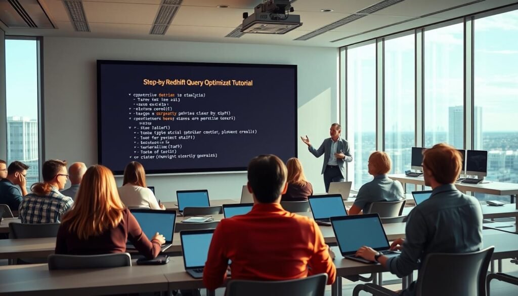 A well-lit classroom setting, with a large projection screen displaying a step-by-step Redshift query optimization tutorial. In the foreground, a professor gestures animatedly, explaining key concepts to an attentive audience of data analysts. The middle ground features rows of desks, with laptops open and hands furiously typing, as students follow along. Soft, natural lighting filters in through large windows, creating a warm, educational atmosphere. The background showcases a modern, high-tech office environment, with sleek workstations and a skyline visible outside. The overall scene conveys a sense of productive learning, with an emphasis on the Redshift query optimization tutorial being the central focus. A well-lit classroom setting, with a large projection screen displaying a step-by-step Redshift query optimization tutorial. In the foreground, a professor gestures animatedly, explaining key concepts to an attentive audience of data analysts. The middle ground features rows of desks, with laptops open and hands furiously typing, as students follow along. Soft, natural lighting filters in through large windows, creating a warm, educational atmosphere. The background showcases a modern, high-tech office environment, with sleek workstations and a skyline visible outside. The overall scene conveys a sense of productive learning, with an emphasis on the Redshift query optimization tutorial being the central focus.
