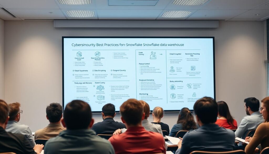 A well-lit classroom setting with a large whiteboard or projection screen prominently displayed. On the whiteboard, detailed infographics and diagrams illustrate various cybersecurity best practices for a Snowflake data warehouse, including access control, data encryption, backup and recovery, and monitoring. In the foreground, a diverse group of students attentively take notes, engaged in the tutorial. The lighting is soft and natural, creating a focused, educational atmosphere. The angle is slightly elevated, giving a comprehensive view of the classroom and the instructional materials. The overall scene conveys a sense of learning, security awareness, and Snowflake expertise. A well-lit classroom setting with a large whiteboard or projection screen prominently displayed. On the whiteboard, detailed infographics and diagrams illustrate various cybersecurity best practices for a Snowflake data warehouse, including access control, data encryption, backup and recovery, and monitoring. In the foreground, a diverse group of students attentively take notes, engaged in the tutorial. The lighting is soft and natural, creating a focused, educational atmosphere. The angle is slightly elevated, giving a comprehensive view of the classroom and the instructional materials. The overall scene conveys a sense of learning, security awareness, and Snowflake expertise.