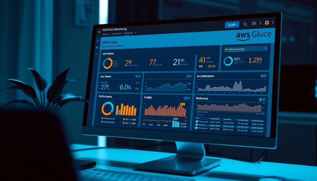 A well-lit, detailed AWS Glue monitoring dashboard displayed on a high-resolution computer screen. The dashboard shows real-time metrics and analytics for data processing pipelines, including job status, error rates, resource utilization, and performance indicators. The interface has a clean, intuitive layout with customizable charts, graphs, and alerts. The dashboard is viewed from a slightly elevated angle, giving a comprehensive overview of the monitoring capabilities. The scene has a professional, technical atmosphere with a subtle blue-tinted color scheme to convey the reliable, enterprise-grade nature of the AWS Glue service. A well-lit, detailed AWS Glue monitoring dashboard displayed on a high-resolution computer screen. The dashboard shows real-time metrics and analytics for data processing pipelines, including job status, error rates, resource utilization, and performance indicators. The interface has a clean, intuitive layout with customizable charts, graphs, and alerts. The dashboard is viewed from a slightly elevated angle, giving a comprehensive overview of the monitoring capabilities. The scene has a professional, technical atmosphere with a subtle blue-tinted color scheme to convey the reliable, enterprise-grade nature of the AWS Glue service.