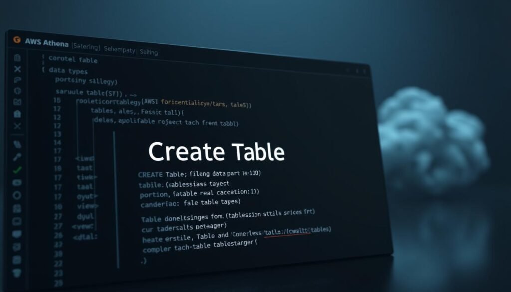 A well-lit, high-resolution 3D render of an AWS Athena SQL console interface, with a central focus on the "CREATE TABLE" syntax and accompanying clauses. The console displays a clean, minimalist design with a dark theme, casting a soft glow across the scene. In the foreground, the "CREATE TABLE" statement is prominently featured, surrounded by details on data types, partitioning, and other table creation strategies. In the middle ground, various database objects like tables, views, and queries are visible, suggesting the broader context of the Athena environment. The background showcases a subtle, out-of-focus view of the AWS cloud infrastructure, hinting at the scalable, serverless nature of the Athena service. A well-lit, high-resolution 3D render of an AWS Athena SQL console interface, with a central focus on the "CREATE TABLE" syntax and accompanying clauses. The console displays a clean, minimalist design with a dark theme, casting a soft glow across the scene. In the foreground, the "CREATE TABLE" statement is prominently featured, surrounded by details on data types, partitioning, and other table creation strategies. In the middle ground, various database objects like tables, views, and queries are visible, suggesting the broader context of the Athena environment. The background showcases a subtle, out-of-focus view of the AWS cloud infrastructure, hinting at the scalable, serverless nature of the Athena service.