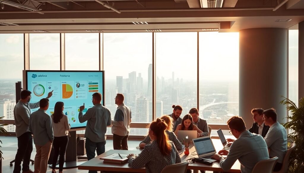 A well-lit, modern office setting showcasing the collaborative tools of Salesforce. In the foreground, a team of professionals gathered around a large interactive touchscreen display, actively sharing and annotating data visualizations. In the middle ground, colleagues huddle over laptops, engaged in lively discussions, using Salesforce's communication and project management apps. The background features a panoramic view of a cityscape through floor-to-ceiling windows, conveying a sense of connectivity and innovation. The overall scene should radiate a productive, synergistic atmosphere, highlighting Salesforce's ability to facilitate seamless teamwork and information exchange. A well-lit, modern office setting showcasing the collaborative tools of Salesforce. In the foreground, a team of professionals gathered around a large interactive touchscreen display, actively sharing and annotating data visualizations. In the middle ground, colleagues huddle over laptops, engaged in lively discussions, using Salesforce's communication and project management apps. The background features a panoramic view of a cityscape through floor-to-ceiling windows, conveying a sense of connectivity and innovation. The overall scene should radiate a productive, synergistic atmosphere, highlighting Salesforce's ability to facilitate seamless teamwork and information exchange.