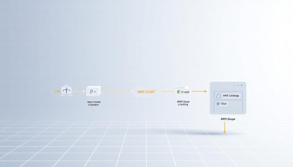 An AWS Glue data integration workflow visualized in a crisp, technical illustration. A central data pipeline flows from left to right, with various AWS Glue components arranged along its path - AWS Glue Crawlers ingesting data from diverse sources, AWS Glue Jobs transforming and processing the data, and AWS Glue Data Catalog storing the curated data assets. The workflow is depicted against a clean, minimalist backdrop with subtle grid lines, emphasizing the systematic, efficient nature of the AWS Glue platform. Bright, directional lighting accentuates the 3D depth and tangibility of the scene, conveying a sense of clarity and professionalism. The overall aesthetic is one of a sleek, modern data engineering solution. An AWS Glue data integration workflow visualized in a crisp, technical illustration. A central data pipeline flows from left to right, with various AWS Glue components arranged along its path - AWS Glue Crawlers ingesting data from diverse sources, AWS Glue Jobs transforming and processing the data, and AWS Glue Data Catalog storing the curated data assets. The workflow is depicted against a clean, minimalist backdrop with subtle grid lines, emphasizing the systematic, efficient nature of the AWS Glue platform. Bright, directional lighting accentuates the 3D depth and tangibility of the scene, conveying a sense of clarity and professionalism. The overall aesthetic is one of a sleek, modern data engineering solution.