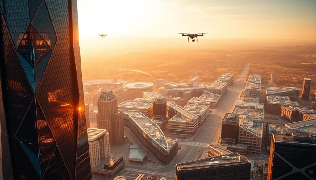 An intricate, architectural cityscape bathed in a warm, golden glow. In the foreground, a towering, futuristic skyscraper with sleek, angular lines and gleaming, metallic panels. Ribbons of holographic data streams flow through the air, weaving between the building's intricate facades. The middle ground features bustling hubs of activity, with AI-powered autonomous vehicles navigating the streets and drones soaring overhead. In the distant background, rolling hills and a vibrant, technologically-advanced skyline, hinting at the scale and integration of AI-driven transformation. The scene exudes a sense of progress, innovation, and the seamless integration of artificial intelligence into the fabric of the modern business world. An intricate, architectural cityscape bathed in a warm, golden glow. In the foreground, a towering, futuristic skyscraper with sleek, angular lines and gleaming, metallic panels. Ribbons of holographic data streams flow through the air, weaving between the building's intricate facades. The middle ground features bustling hubs of activity, with AI-powered autonomous vehicles navigating the streets and drones soaring overhead. In the distant background, rolling hills and a vibrant, technologically-advanced skyline, hinting at the scale and integration of AI-driven transformation. The scene exudes a sense of progress, innovation, and the seamless integration of artificial intelligence into the fabric of the modern business world.