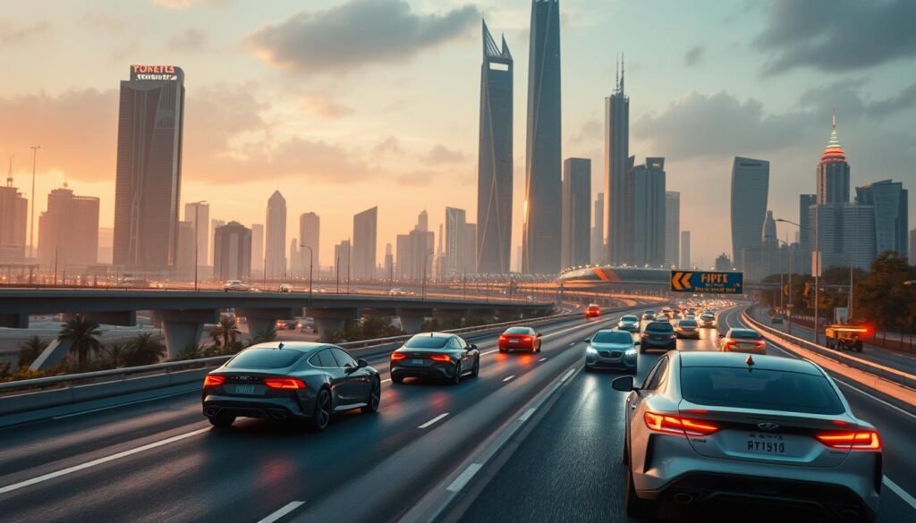 Cinematic view of a futuristic city landscape with sleek, autonomous vehicles navigating intelligent traffic systems. In the foreground, a group of self-driving cars seamlessly communicate, adjusting their paths to avoid collisions. The middle ground features a network of smart roads embedded with sensors, monitoring and optimizing the flow of traffic. In the background, towering skyscrapers with advanced safety features like collision avoidance and remote emergency response systems. Warm, ambient lighting casts a serene glow, highlighting the harmony between technology and transportation. Detailed, photorealistic rendering with a sense of depth and scale, conveying the future of AI-driven road safety innovations. Cinematic view of a futuristic city landscape with sleek, autonomous vehicles navigating intelligent traffic systems. In the foreground, a group of self-driving cars seamlessly communicate, adjusting their paths to avoid collisions. The middle ground features a network of smart roads embedded with sensors, monitoring and optimizing the flow of traffic. In the background, towering skyscrapers with advanced safety features like collision avoidance and remote emergency response systems. Warm, ambient lighting casts a serene glow, highlighting the harmony between technology and transportation. Detailed, photorealistic rendering with a sense of depth and scale, conveying the future of AI-driven road safety innovations.