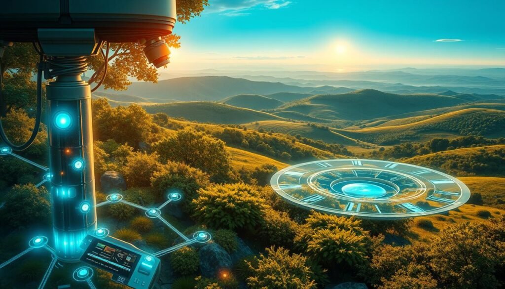 Detailed futuristic illustration of AI environmental monitoring systems. In the foreground, a network of advanced sensors and cameras seamlessly integrated into the natural landscape, blending harmoniously with the environment. In the middle ground, a central control hub with holographic displays and touchscreen interfaces, where AI algorithms analyze real-time data streams. In the background, a vast, verdant landscape with rolling hills and lush vegetation, bathed in warm, natural lighting from a distant sun. The scene conveys a sense of technological innovation coexisting in perfect balance with the natural world, creating a sustainable and eco-friendly future.