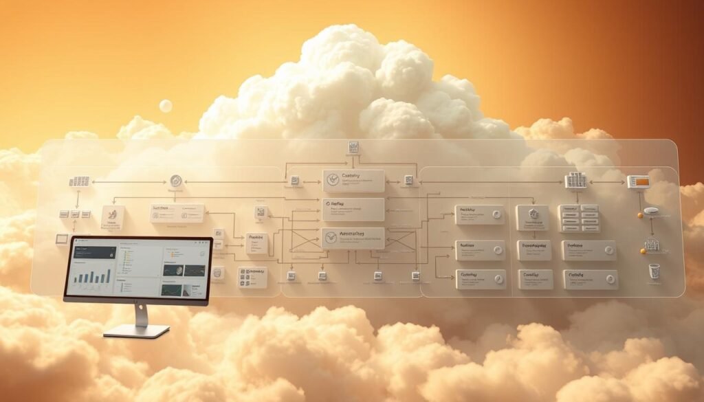 Expansive architectural schematic of the AWS Athena serverless data analytics service. In the foreground, a sleek, modern user interface with interactive query panels and visualizations. In the middle ground, a complex network of data pipelines, connectors, and warehousing components, all operating seamlessly without the need for server management. In the background, an ethereal cloud infrastructure with fluid data flows, elastic scalability, and robust security measures. Illuminated by a warm, diffused light that conveys a sense of efficiency and reliability. Captured with a wide-angle lens to emphasize the comprehensive, end-to-end nature of the Athena solution. Expansive architectural schematic of the AWS Athena serverless data analytics service. In the foreground, a sleek, modern user interface with interactive query panels and visualizations. In the middle ground, a complex network of data pipelines, connectors, and warehousing components, all operating seamlessly without the need for server management. In the background, an ethereal cloud infrastructure with fluid data flows, elastic scalability, and robust security measures. Illuminated by a warm, diffused light that conveys a sense of efficiency and reliability. Captured with a wide-angle lens to emphasize the comprehensive, end-to-end nature of the Athena solution.