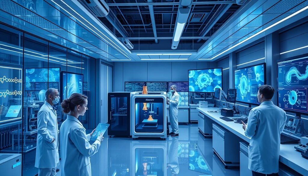 Generative AI drug discovery workflow: A high-tech laboratory with sleek futuristic equipment, glass walls, and holographic displays. In the foreground, scientists in white coats manipulate molecular models with gesture-controlled interfaces. In the middle ground, a 3D printer rapidly fabricates small-molecule compounds. In the background, an array of automated testing equipment runs parallel simulations, analyzing data streams projected onto large screens. The scene is bathed in a cool, blue-tinted lighting, conveying a sense of precision, innovation, and boundless scientific potential. Generative AI drug discovery workflow: A high-tech laboratory with sleek futuristic equipment, glass walls, and holographic displays. In the foreground, scientists in white coats manipulate molecular models with gesture-controlled interfaces. In the middle ground, a 3D printer rapidly fabricates small-molecule compounds. In the background, an array of automated testing equipment runs parallel simulations, analyzing data streams projected onto large screens. The scene is bathed in a cool, blue-tinted lighting, conveying a sense of precision, innovation, and boundless scientific potential.