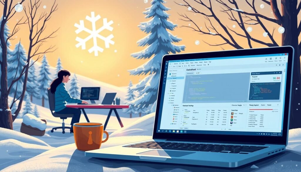 Prompt A vibrant, detailed illustration of a data loading tutorial for Snowflake, a cloud-based data warehousing platform. In the foreground, a laptop screen displays a Snowflake dashboard with tables, queries, and data visualizations. The middle ground features a programmer sitting at a desk, focused on coding with a cup of coffee nearby. In the background, a snowy winter landscape with a Snowflake logo-shaped snowflake gently falling, creating a serene, educational atmosphere. The scene is illuminated by a warm, soft light, emphasizing the user-friendly and intuitive nature of the Snowflake platform. Prompt A vibrant, detailed illustration of a data loading tutorial for Snowflake, a cloud-based data warehousing platform. In the foreground, a laptop screen displays a Snowflake dashboard with tables, queries, and data visualizations. The middle ground features a programmer sitting at a desk, focused on coding with a cup of coffee nearby. In the background, a snowy winter landscape with a Snowflake logo-shaped snowflake gently falling, creating a serene, educational atmosphere. The scene is illuminated by a warm, soft light, emphasizing the user-friendly and intuitive nature of the Snowflake platform.