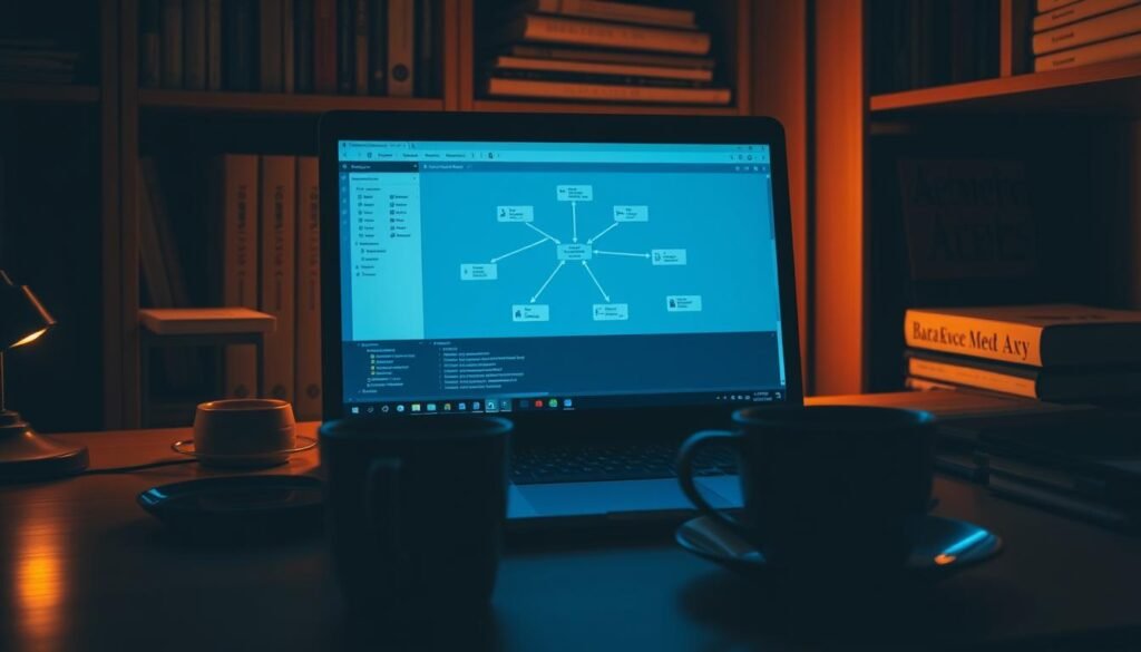 Snowflake data modeling tutorial: A dimly lit, cozy home office setting with a laptop screen displaying a complex data model diagram. The screen shows a snowflake schema with fact and dimension tables, keys, and relationships, all rendered in a cool, blue-tinged color palette. Soft, warm lighting illuminates the scene, casting subtle shadows and highlights on the desk surface and surrounding decor. In the foreground, a cup of coffee or tea sits next to the laptop, suggesting a dedicated, focused work session. The background features shelves of reference books and technical manuals, hinting at the depth of knowledge required for effective data modeling in Snowflake. Snowflake data modeling tutorial: A dimly lit, cozy home office setting with a laptop screen displaying a complex data model diagram. The screen shows a snowflake schema with fact and dimension tables, keys, and relationships, all rendered in a cool, blue-tinged color palette. Soft, warm lighting illuminates the scene, casting subtle shadows and highlights on the desk surface and surrounding decor. In the foreground, a cup of coffee or tea sits next to the laptop, suggesting a dedicated, focused work session. The background features shelves of reference books and technical manuals, hinting at the depth of knowledge required for effective data modeling in Snowflake.